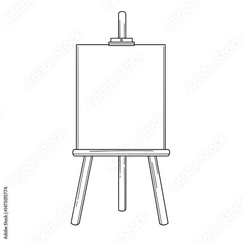 Drawing of a canvas on an easel, in black and white, simple lines, minimalist style