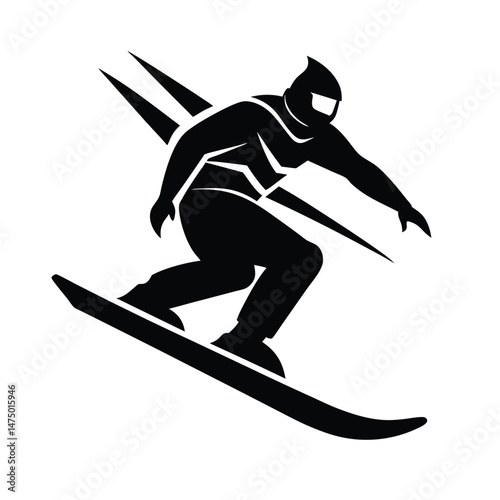Dynamic black and white illustration of a snowboarder in action performing extreme winter sports