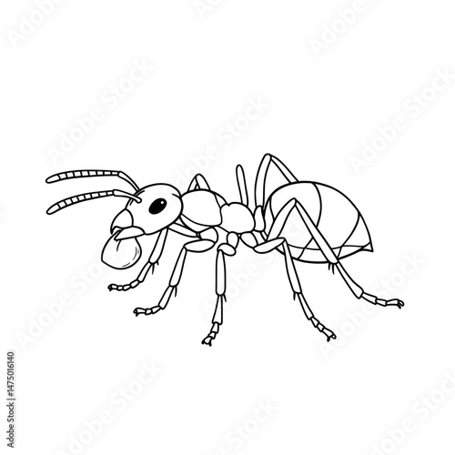 Ant Illustration A detailed line drawing of an ant carrying a drop, simple and clear