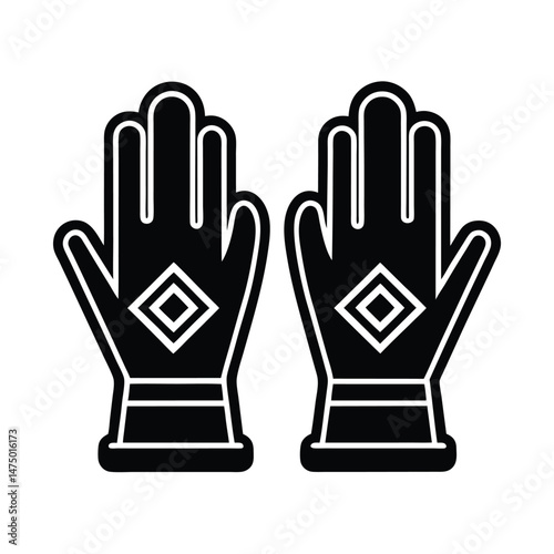 Silhouette of two black and white gloves with diamond ornamentation for work and protection.