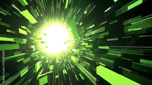 Green and white rectangular prisms fly towards viewer from bright light source on black background