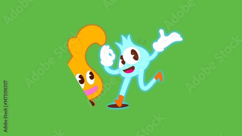 Draw cartoon fruits dancing with music on green background
