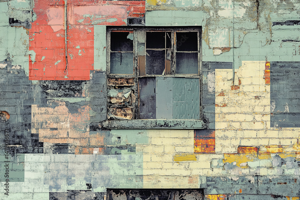 Naklejka premium Damaged brick wall with a broken window urban decay abstract art