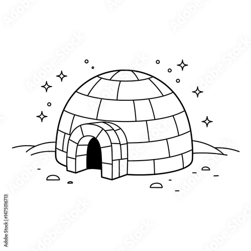 Igloo Scene A black and white igloo with stars, snow, and snowy ground in a line art style