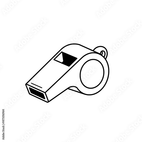 Outlined whistle featuring a black square, circle, and looped string on white ground