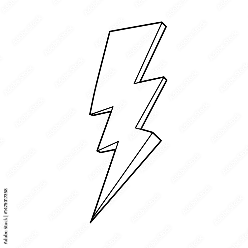 A black lined illustration of a bold, 3-D lightning bolt pointing downwards on white A black lined illustration of a bold, 3-D lightning bolt pointing downwards on white
