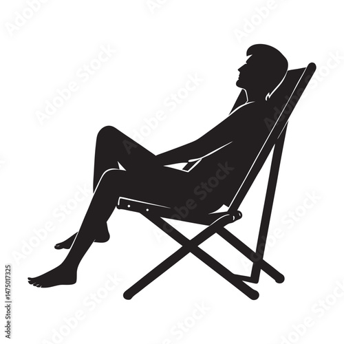 vector silhouette of a person relaxing in folding chair in on white background 