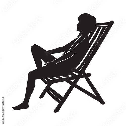 vector silhouette of a person relaxing in folding chair in on white background 