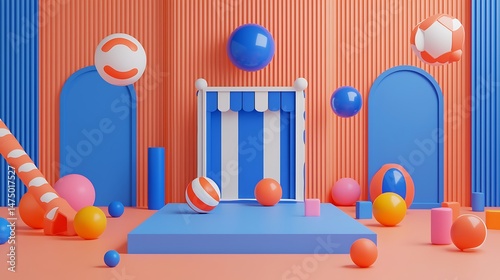 Playful Still Life with Spheres, Arches, and Striped Awning in V