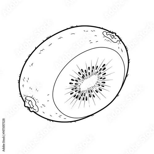 A cut kiwi with black seeds and a textured skin depicted in a black-and-white drawing