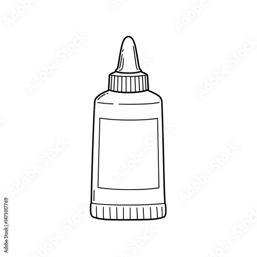 Outlined bottle, narrow spout, ribbed neck.  Clear label on body. Isolated