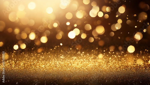 gold glitter particles with light glow bokeh on abstract luxury background