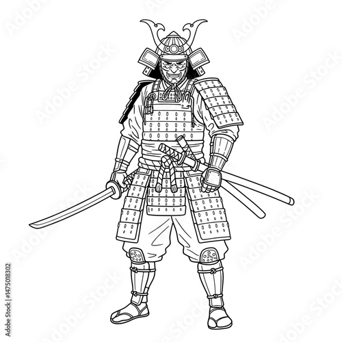 Samurai warrior with swords in full armor striking, powerful and battle-ready