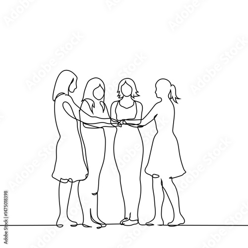 silhouette of a quartet of women standing side by side and putting their palms together in the center - one line art vector. concept girlfriends, women's friendly team, women team, women solidarity