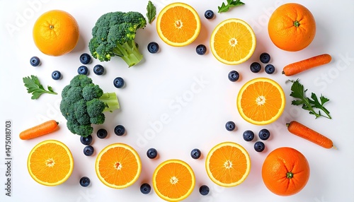 Overhead View of Fresh Fruits and Vegetables Arranged on White S