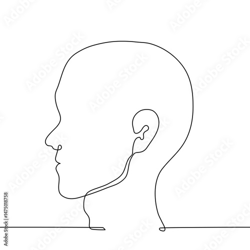 silhouette bald male head in profile - one line art vector. concept baldness in men, thought bubble template