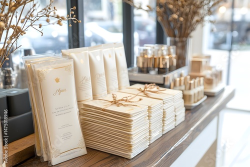 Luxurious Cosmetic Display with Gold Accents on Wooden Counter