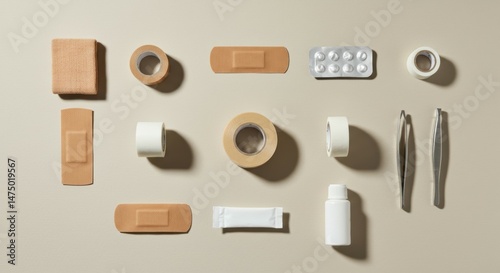 Assorted First Aid Supplies on Beige Background