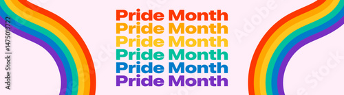 Pride Month Web Banner with Rainbow Text. Colourful Rainbow Pride Month Text for LGBTQ Pride Month with Pink Background and Rainbow Pride Flag Ribbon Decorations. Stock Vector Illustration.