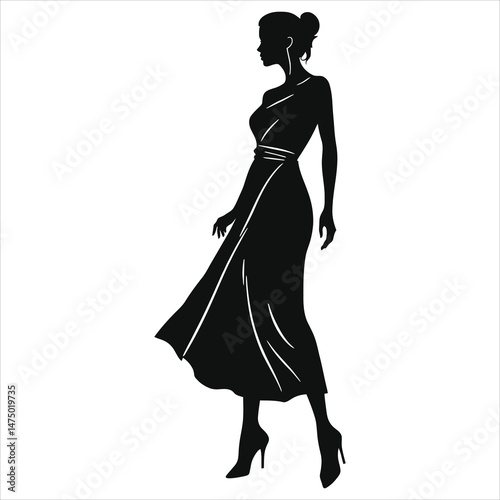 Elegant Vector Silhouette of a Woman in a  One-shoulder dress/A stylish, black and white silhouette of a woman walking, wearing a long, flowing dress and high heels.