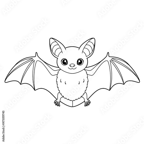 Black and white line drawing of a bat with pointed ears, wings, and furry body