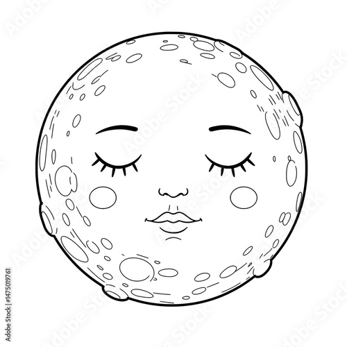 Crescent dreamscape features a lunar face asleep with craters on a white background