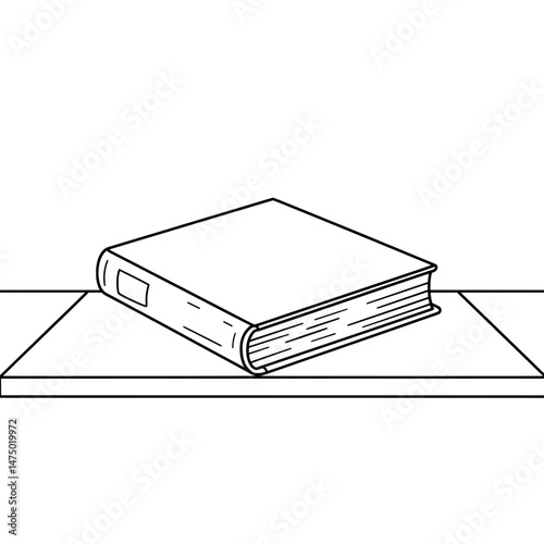 Book on Table Outlined book resting on a flat surface, simple black lines, and a blank cover