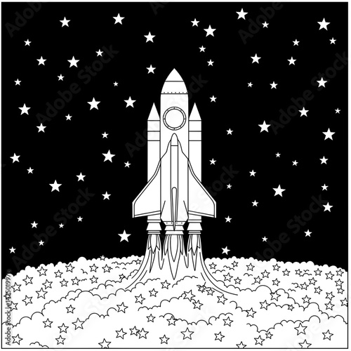 Shuttle amidst starfield A white rocket soars against a star studded black cosmos
