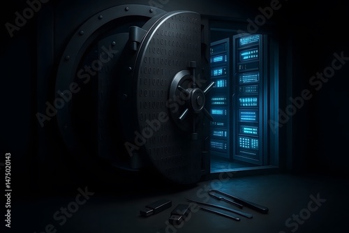 Conceptual representation of secure data server room protected inside a vault for business and cybersecurity purposes