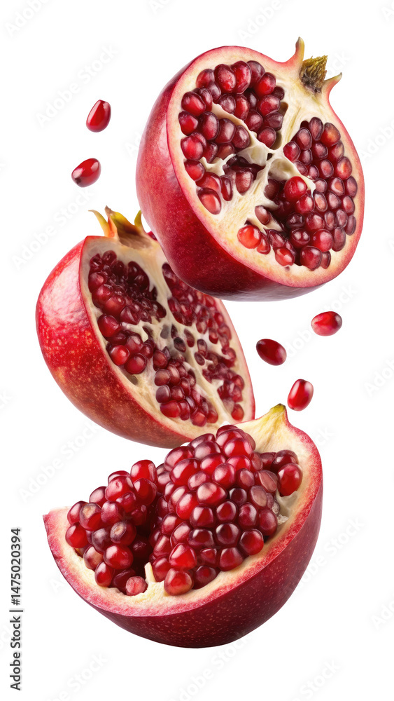 Flying Pomegranate Half Slices with Transparent Background Flying Pomegranate Half Slices with Transparent Background