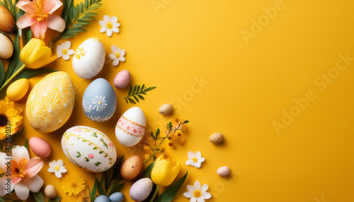 easter themed vertical flat lay featuring decorative eggs floral elements and a vibrant yellow backdrop