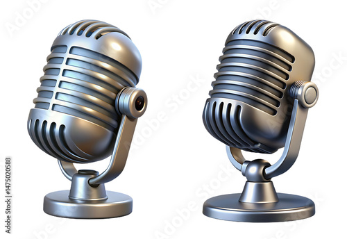 3D vintage microphone icons isolated on transparent background