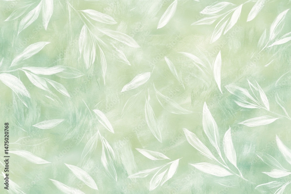Delicate, light green and white leaves on a soft, pastel background