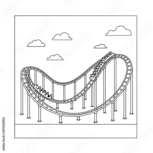 Roller coaster under a cloudy sky, looping and speeding, illustrated in black and white