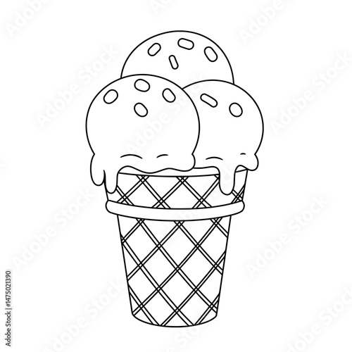 Ice Cream Cones Three scoops with sprinkles outline image on waffle cone with drizzle