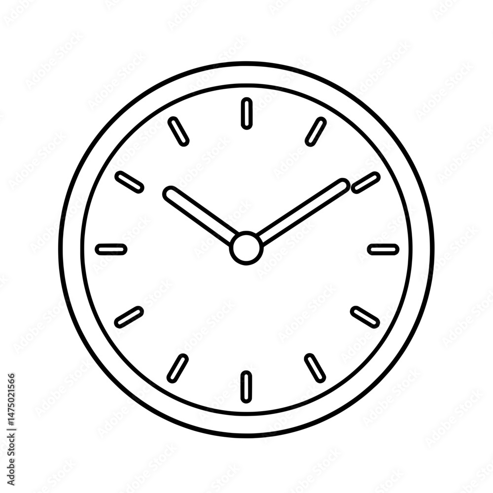 Classic outline of a clock with simple black lines indicating the time on a white background Classic outline of a clock with simple black lines indicating the time on a white background