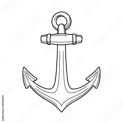 A black and white drawing of a nautical anchor, center framed on a plain white background