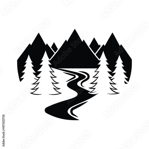 Mountain and River Landscape Vector, Minimalist Mountain River Vector, Mountain River Graphic Element