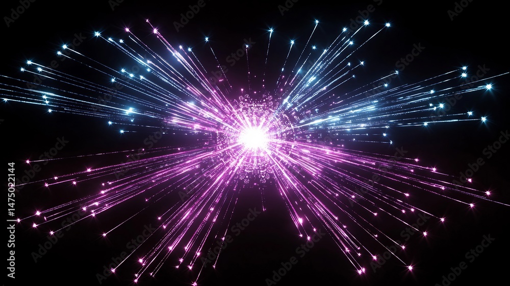 Fototapeta premium Glowing mandala inspired fractal patterns neon purple and blue radiating from a central point on black