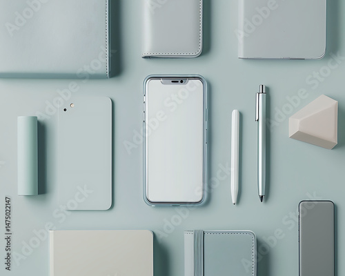Knolling of favourite and necessary accessories for a young man in soft grey-blue pastel colours. Phone mockup. Ideal for advertising, banners, social media posts, and  backgrounds