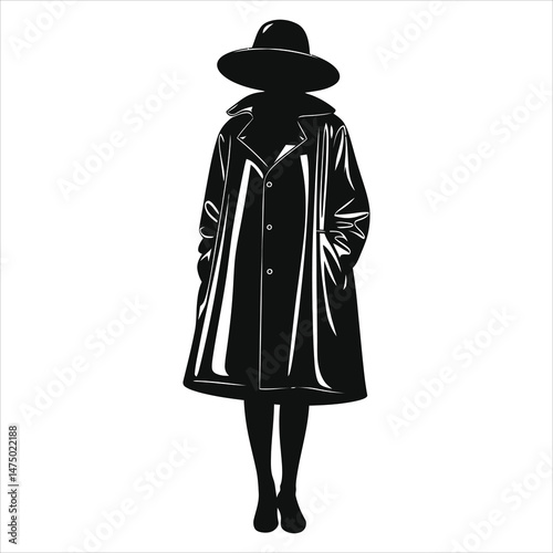 Stylish Woman in a Black Coat Vector Silhouette/A sophisticated silhouette of a woman wearing a stylish black coat and hat.(Raincoat-style dress )