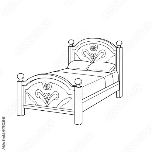 Classic Bed Line drawing of a bed with ornate details and two pillows, ready for coloring