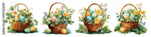 Decorated floral easter eggs woven wicker baskets filled with spring flowers isolated on transparent background