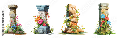 set watercolor decorative stone pillars columns ruins with flowers isolated on transparent background