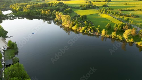 Lakeside at dusk, Westerwald, Germany - aerial view