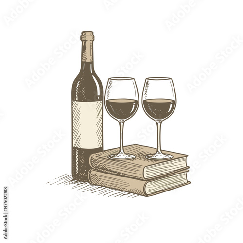 Hand-drawn wine and books icon for wine bar menus and cultural event branding