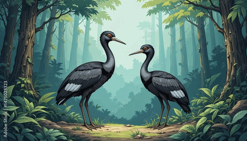 Obraz premium Dodo Birds In Forest. An illustration of a male and female Dodo Birds in a forest