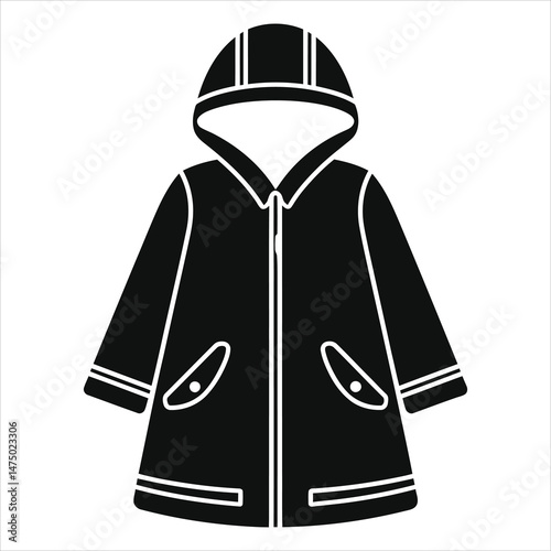 Stylish Black Hooded Jacket Vector Silhouette/This simple, vector graphic illustrates a black hooded jacket.(Raincoat-style dress)