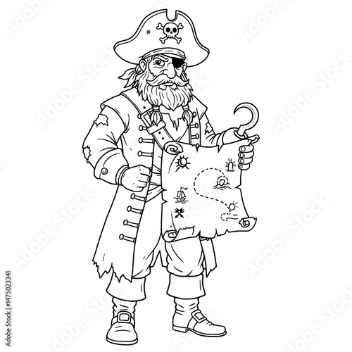 Pirate with treasure map. He has a hook for a hand and wears a skull and crossbones hat