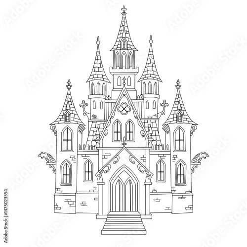 Gothic castle with towers, archways and gargoyles, sketched in lines on white